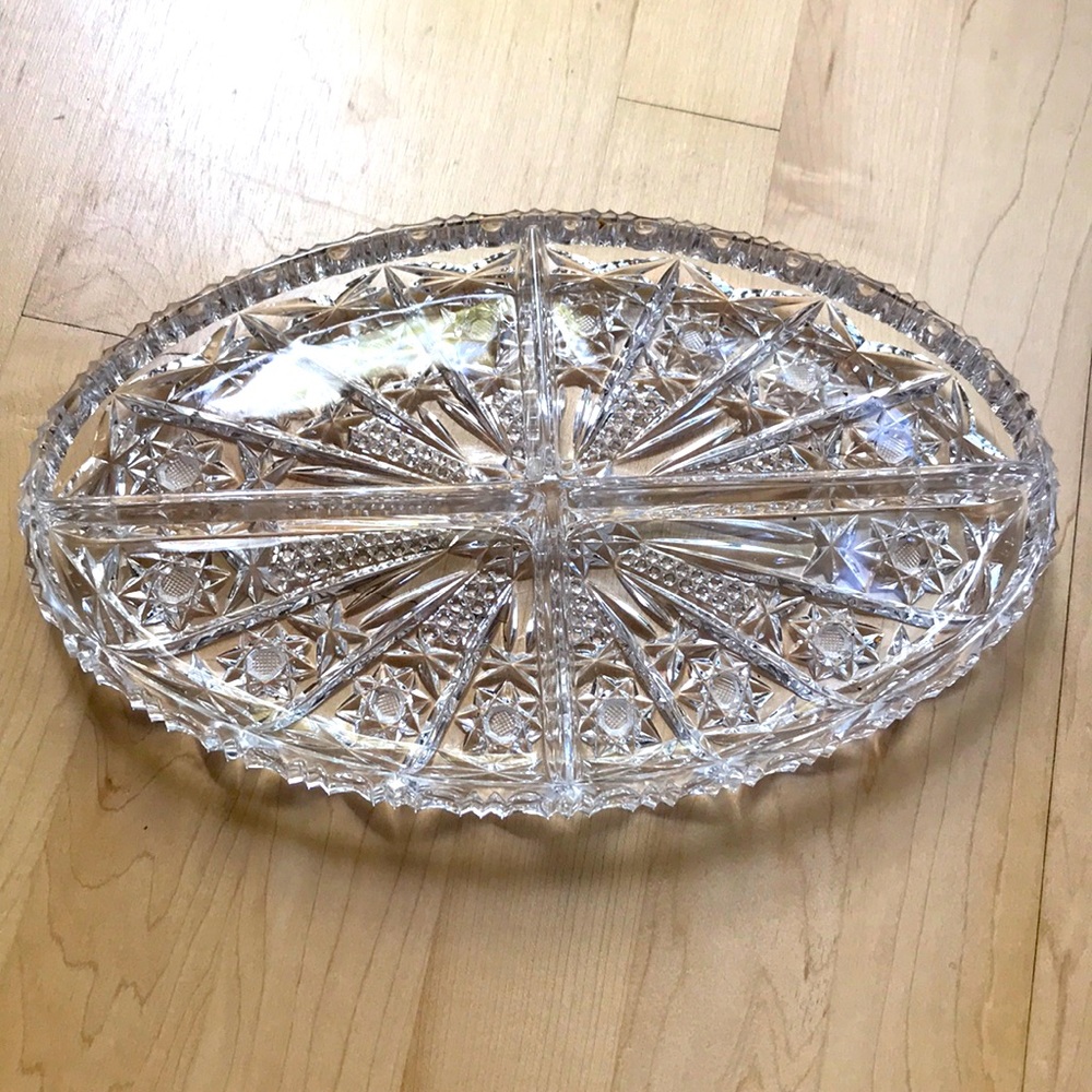 Crystal Oval Four Sections Bowl 8.25”X13”